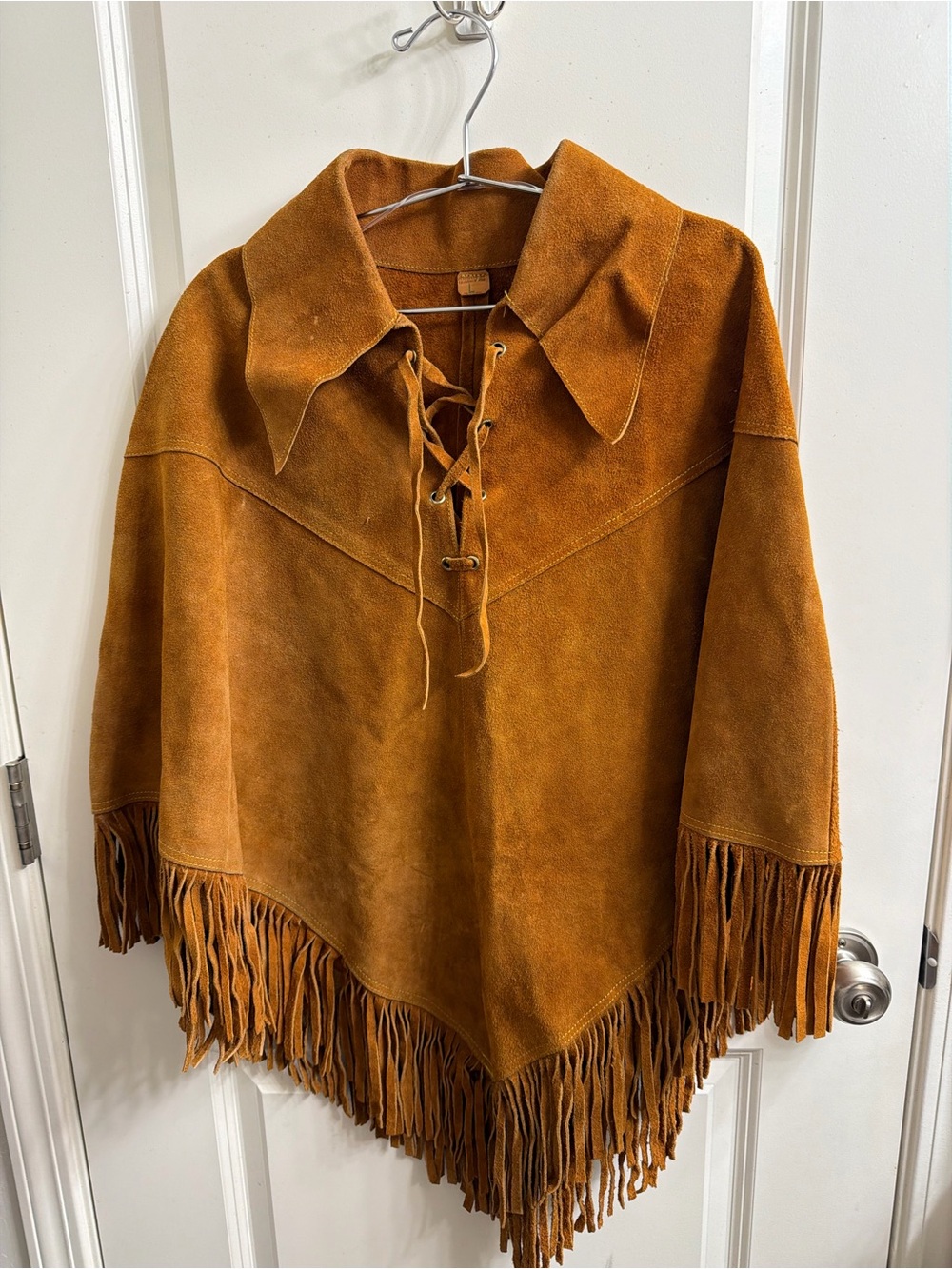 Vintage Suede Fringe Poncho Jacket in Cognac size large